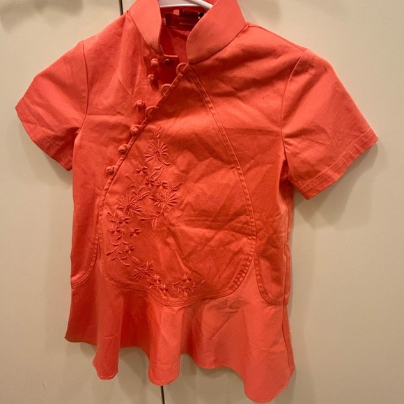 Shanghai Tang Coral orange  mandarin collar Button details Shirt 
Sz A4 NWT - Picture 1 of 16